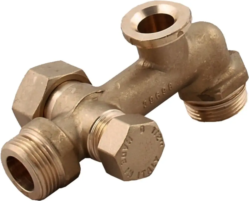 Verteilerblock aus Messing mit mehreren Anschlüssen, geeignet für hydraulische Anwendungen, hergestellt von Wolf.